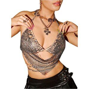 🆕Women's Black Glitter Sequin Fishnet Halter Tops Criss Cross Tie Back Crop Top